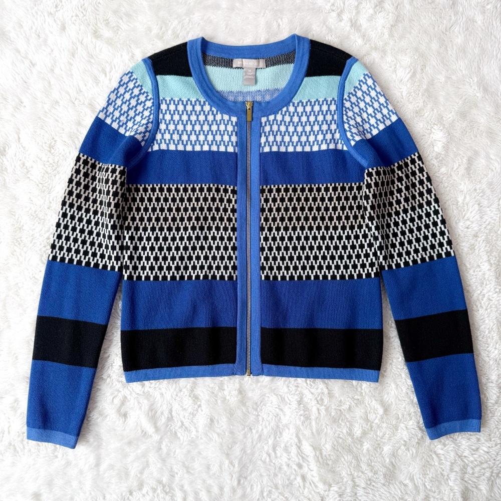 Banana Republic Woman Blue Abstract Stripe Full Zip Knit Cardigan Sweater MEDIUM